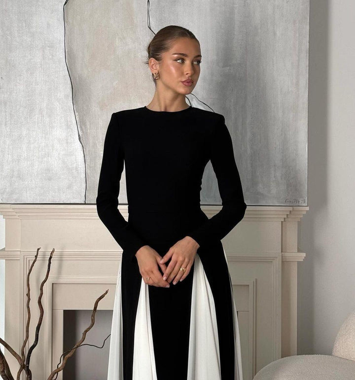 Chandra | Women's Elegant Black-and-White Maxi Dress - Flowing Fit