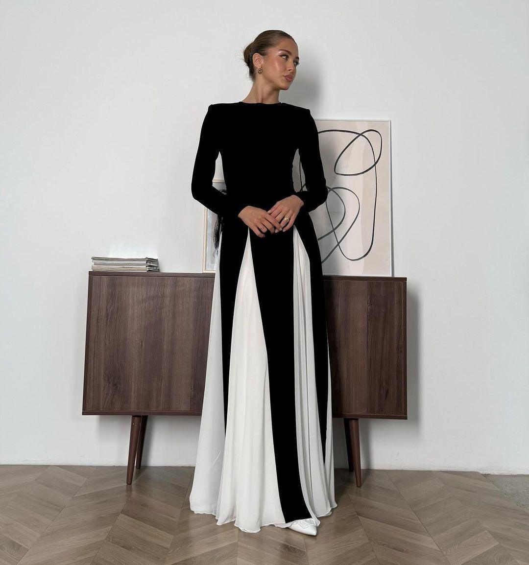 Chandra | Women's Elegant Black-and-White Maxi Dress - Flowing Fit