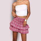 Women's Flared Mini Skirt – Layered Design – Elastic Waist – Textured Style Pink