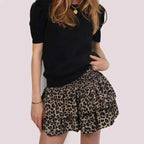 Women's Flared Mini Skirt – Layered Design – Elastic Waist – Textured Style Leopard