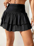 Women's Flared Mini Skirt – Layered Design – Elastic Waist – Textured Style Black