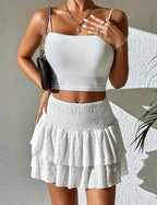 Women's Flared Mini Skirt – Layered Design – Elastic Waist – Textured Style White