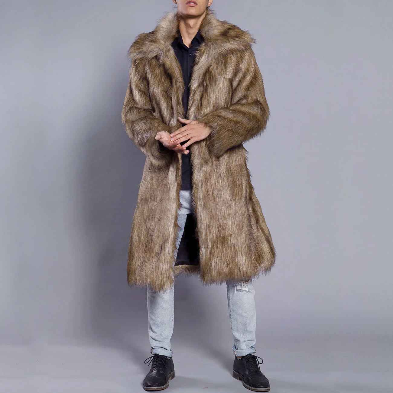 Men's Oversized Full Length Faux Fur Coat – Luxury Open Front Design Brown