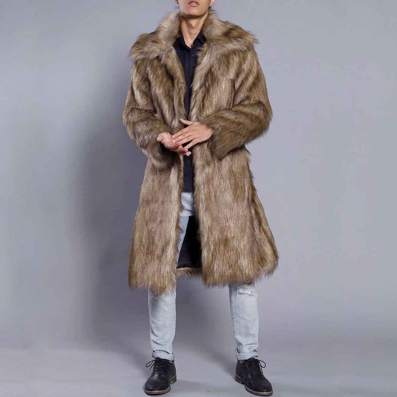 Men's Oversized Full Length Faux Fur Coat – Luxury Open Front Design Brown