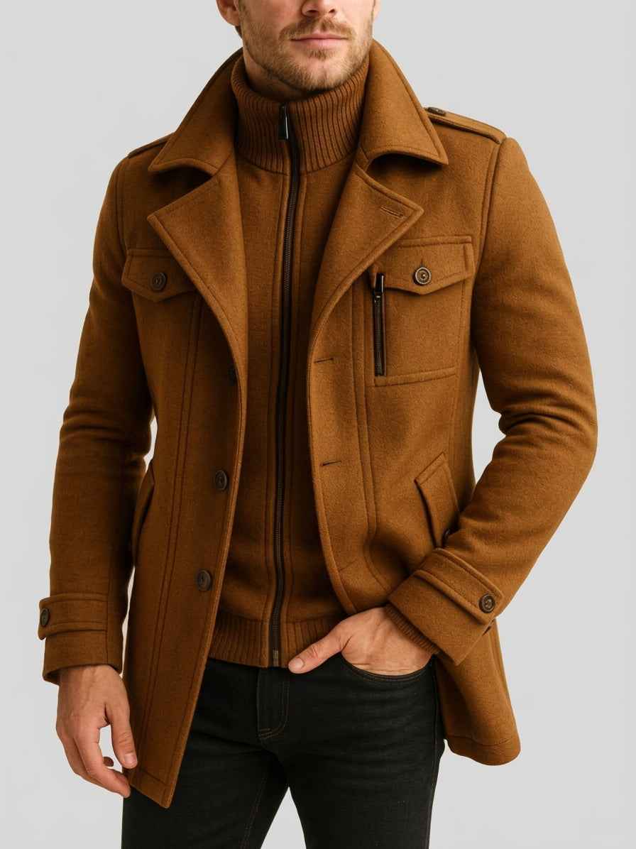 Men's Military Field Coat with Stand Collar and Zip Insert