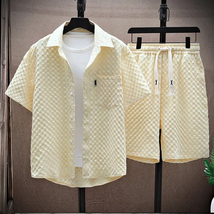 Men's Casual Two-Piece Shirt and Shorts Set Beige