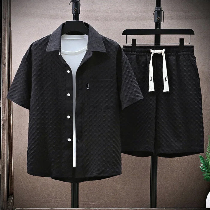 Men's Casual Two-Piece Shirt and Shorts Set Black