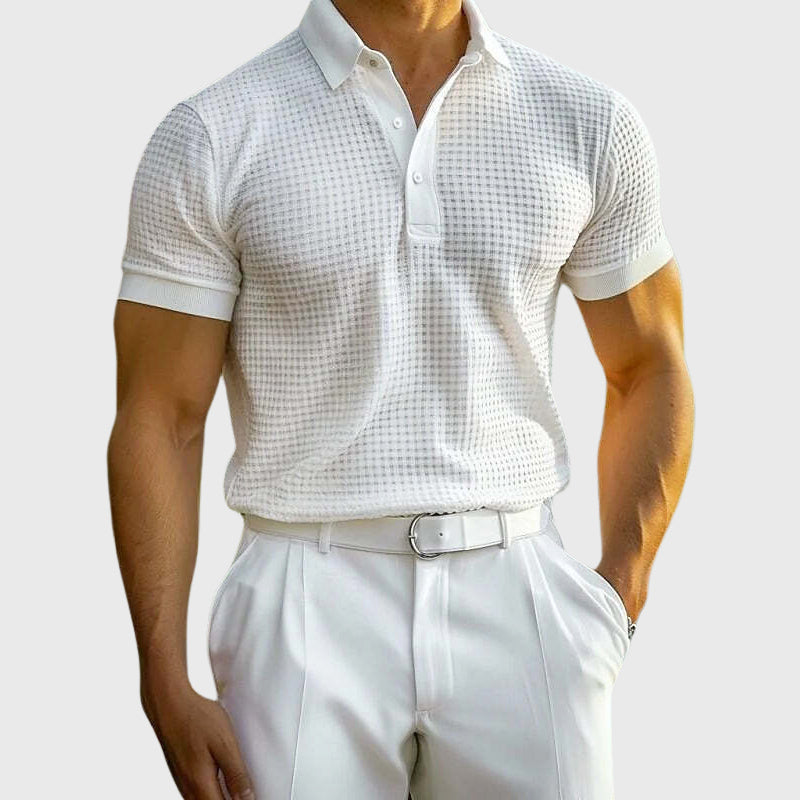 Men's Casual Waffle Knit Polo Shirt White