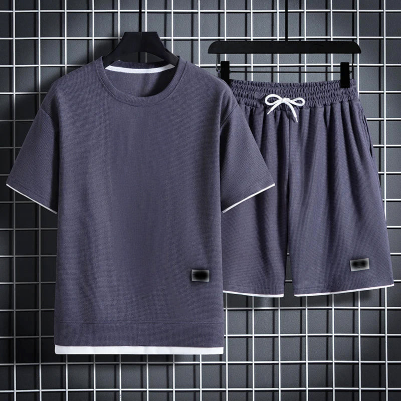 Men's Textured Summer T-Shirt and Shorts Set Gray