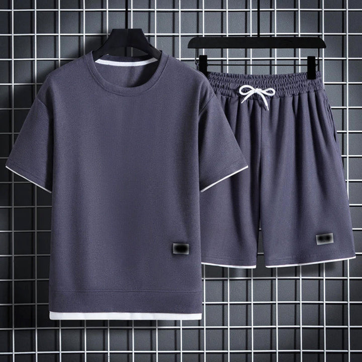 Men's Textured Summer T-Shirt and Shorts Set Gray