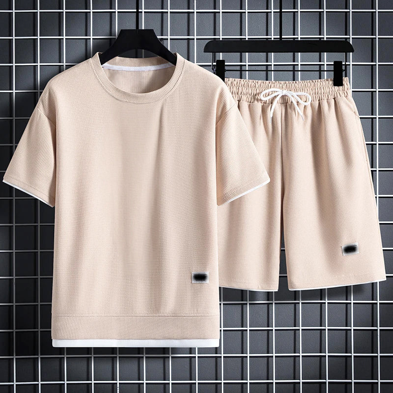 Men's Textured Summer T-Shirt and Shorts Set Khaki