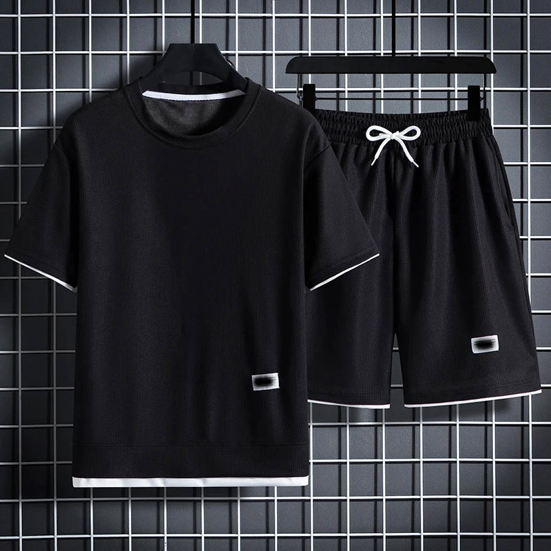 Men's Textured Summer T-Shirt and Shorts Set Black