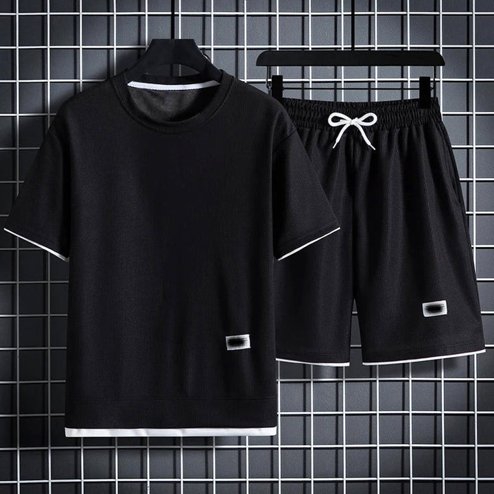 Men's Textured Summer T-Shirt and Shorts Set Black