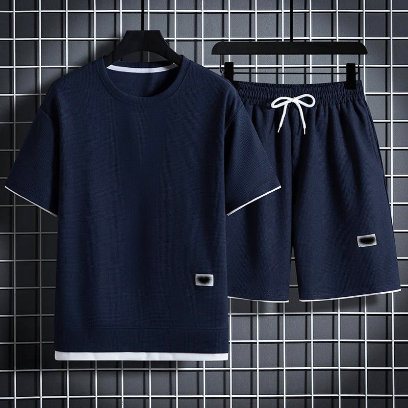Men's Textured Summer T-Shirt and Shorts Set Blue