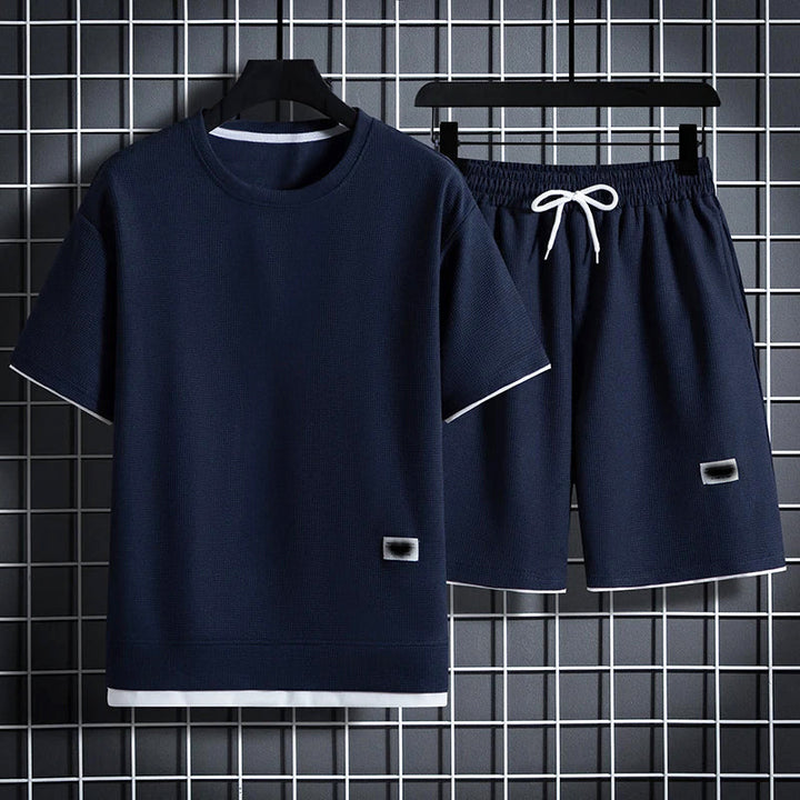 Men's Textured Summer T-Shirt and Shorts Set Blue