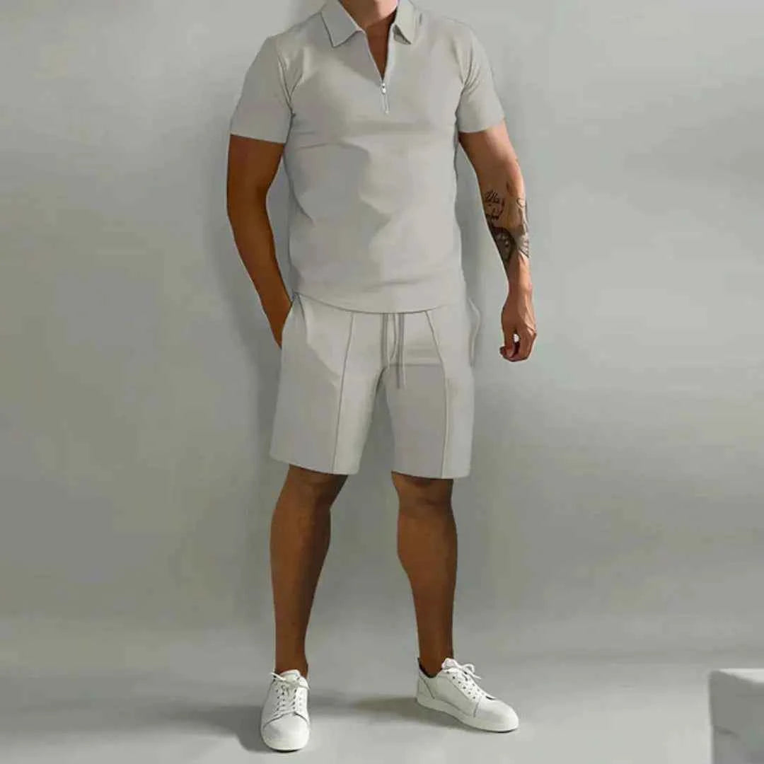 Men's Zip Polo and Shorts Set Gray
