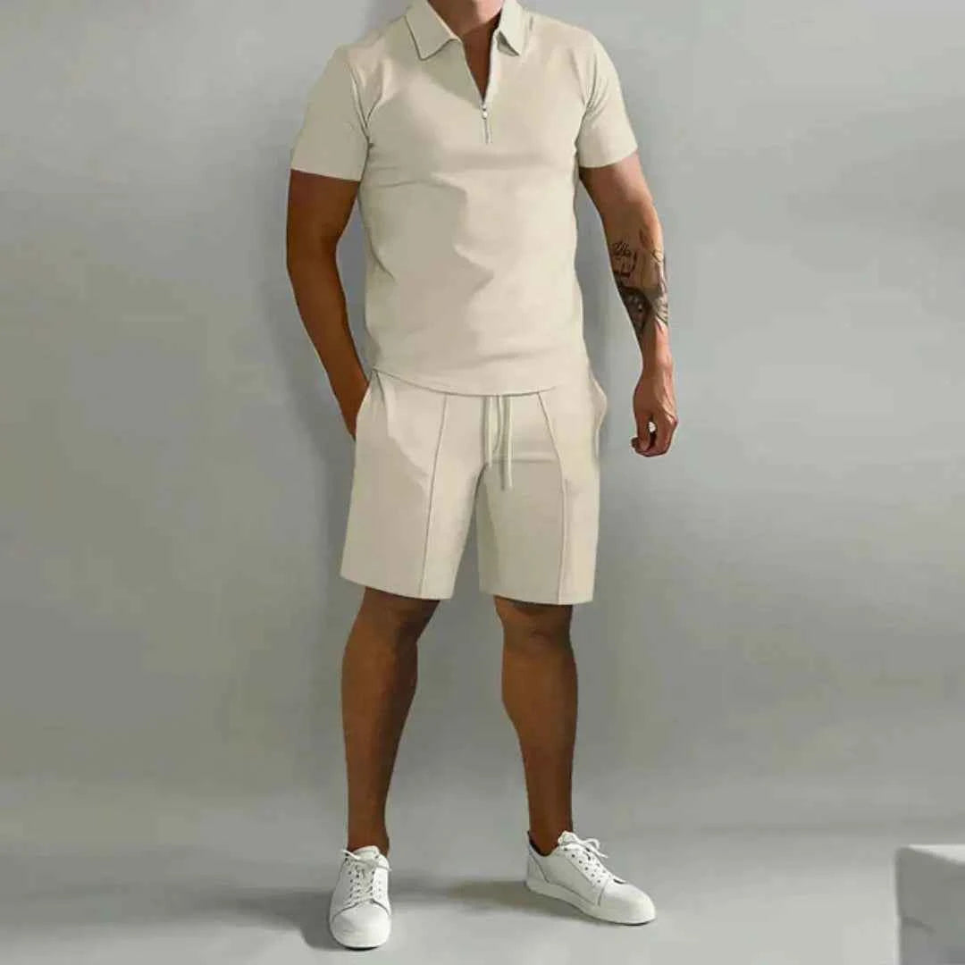 Men's Zip Polo and Shorts Set Khaki