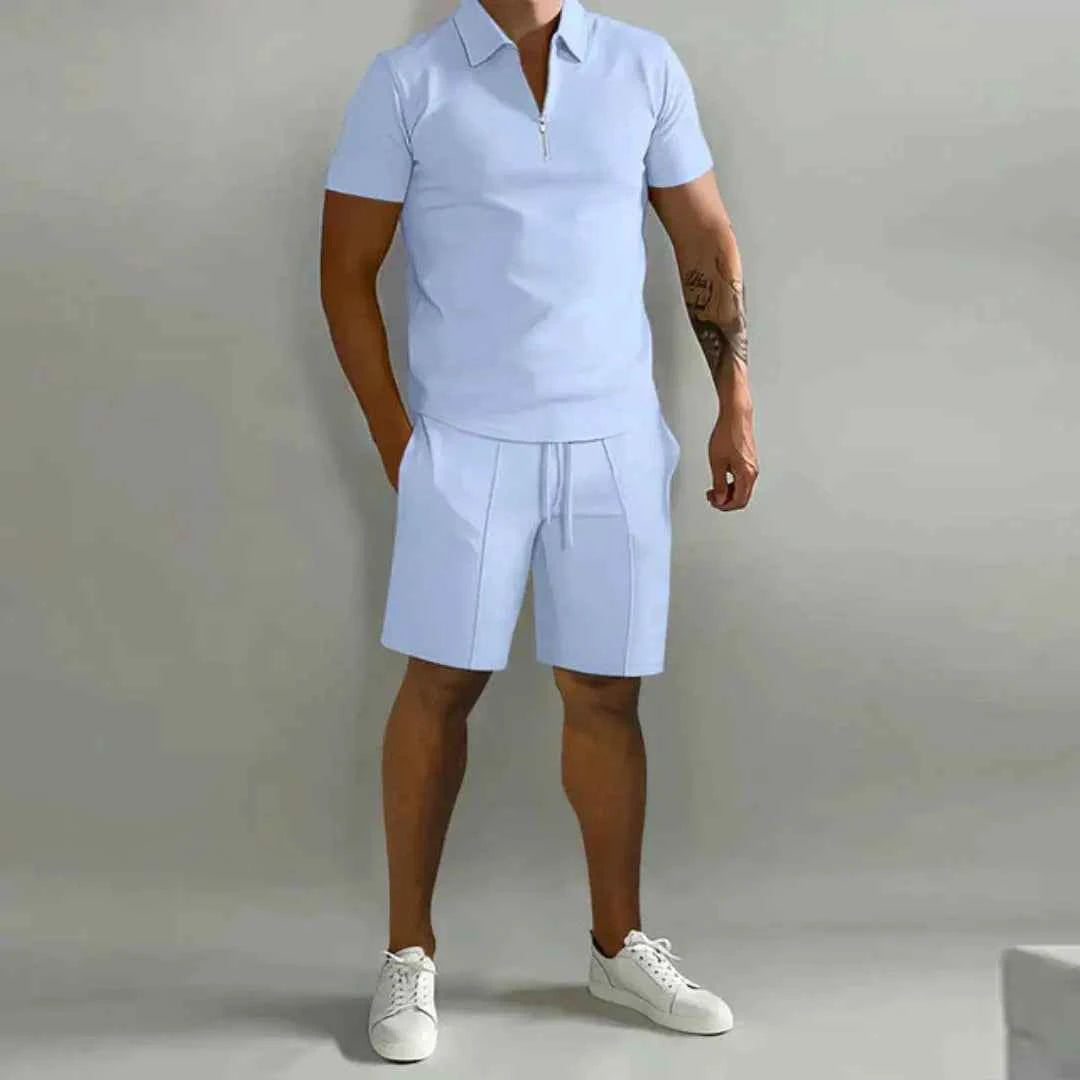 Men's Zip Polo and Shorts Set Light Blue
