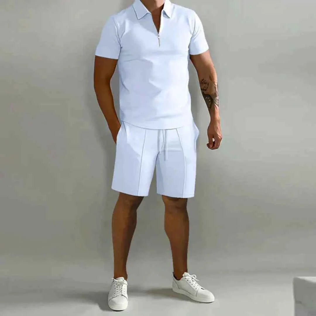 Men's Zip Polo and Shorts Set White