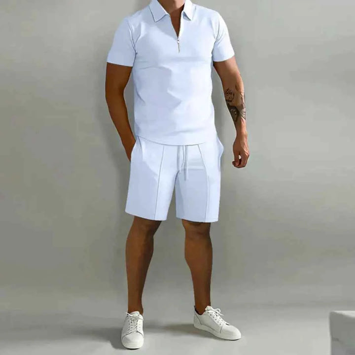 Men's Zip Polo and Shorts Set White