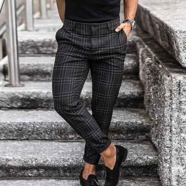 Men's Slim Fit Chino Pants – Tapered Leg – Breathable Check Pattern Black
