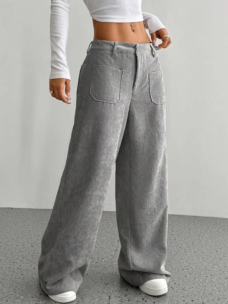 Leni | Women's High Waist Corduroy Trousers - Comfy Wide Leg Fit Gray