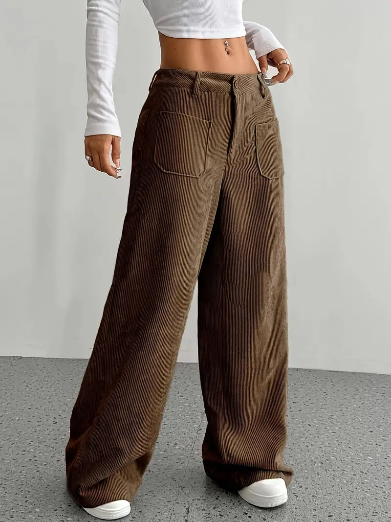 Leni | Women's High Waist Corduroy Trousers - Comfy Wide Leg Fit Brown