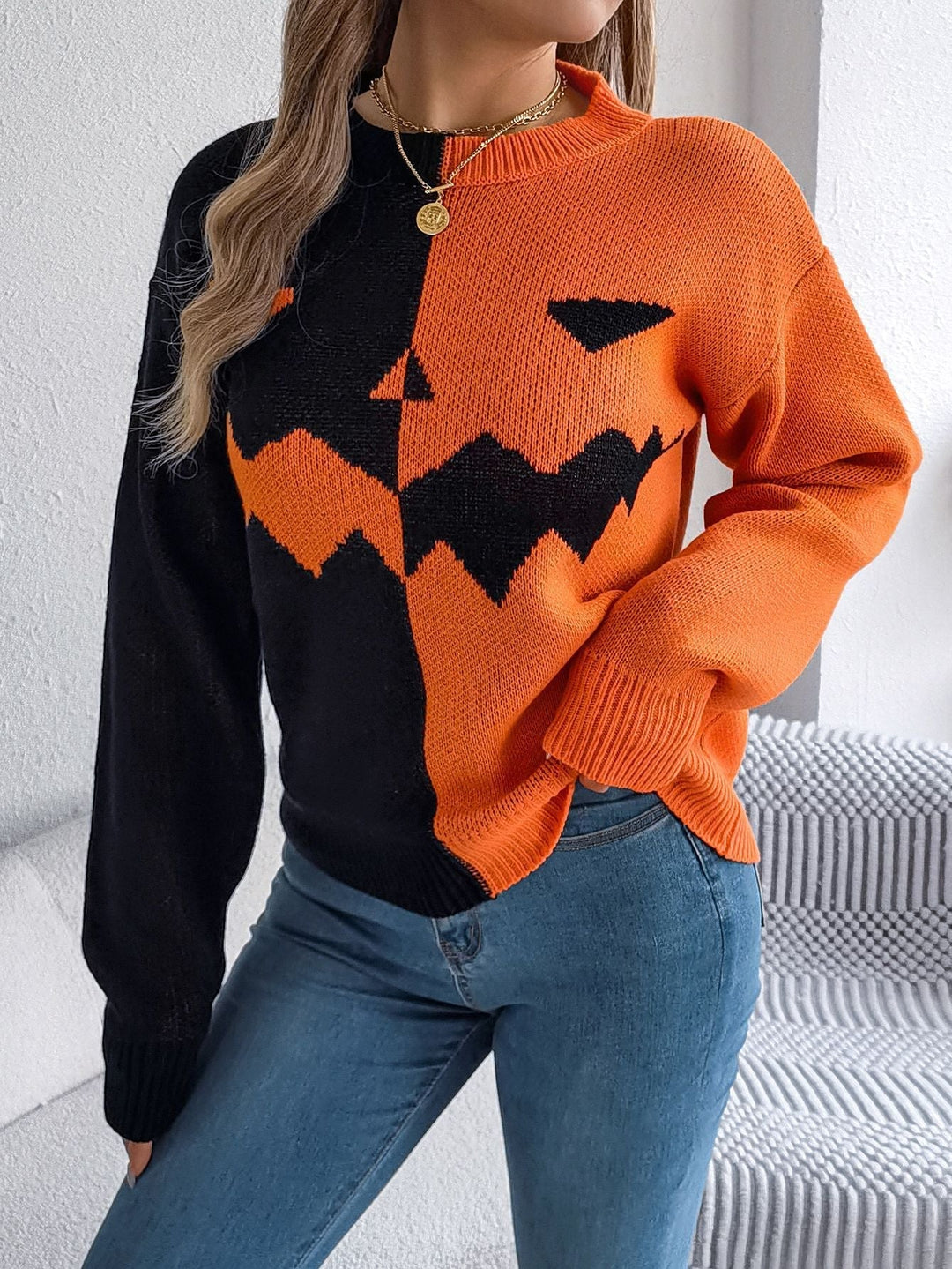 Halloween's Jack O' Lantern Knit Sweater with Ribbed Cuffs, Midi Length Orange