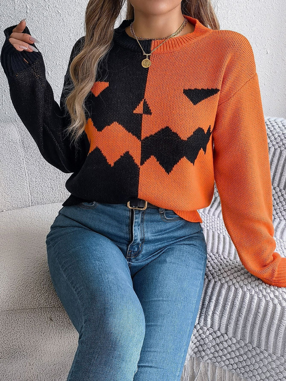 Halloween's Jack O' Lantern Knit Sweater with Ribbed Cuffs, Midi Length