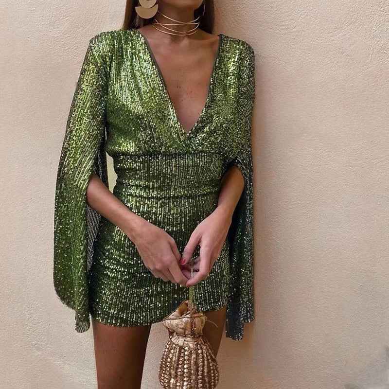 Women's Sequined Mini Dress - Tailored Fit, Deep V-Neck & Wide Sleeves Green