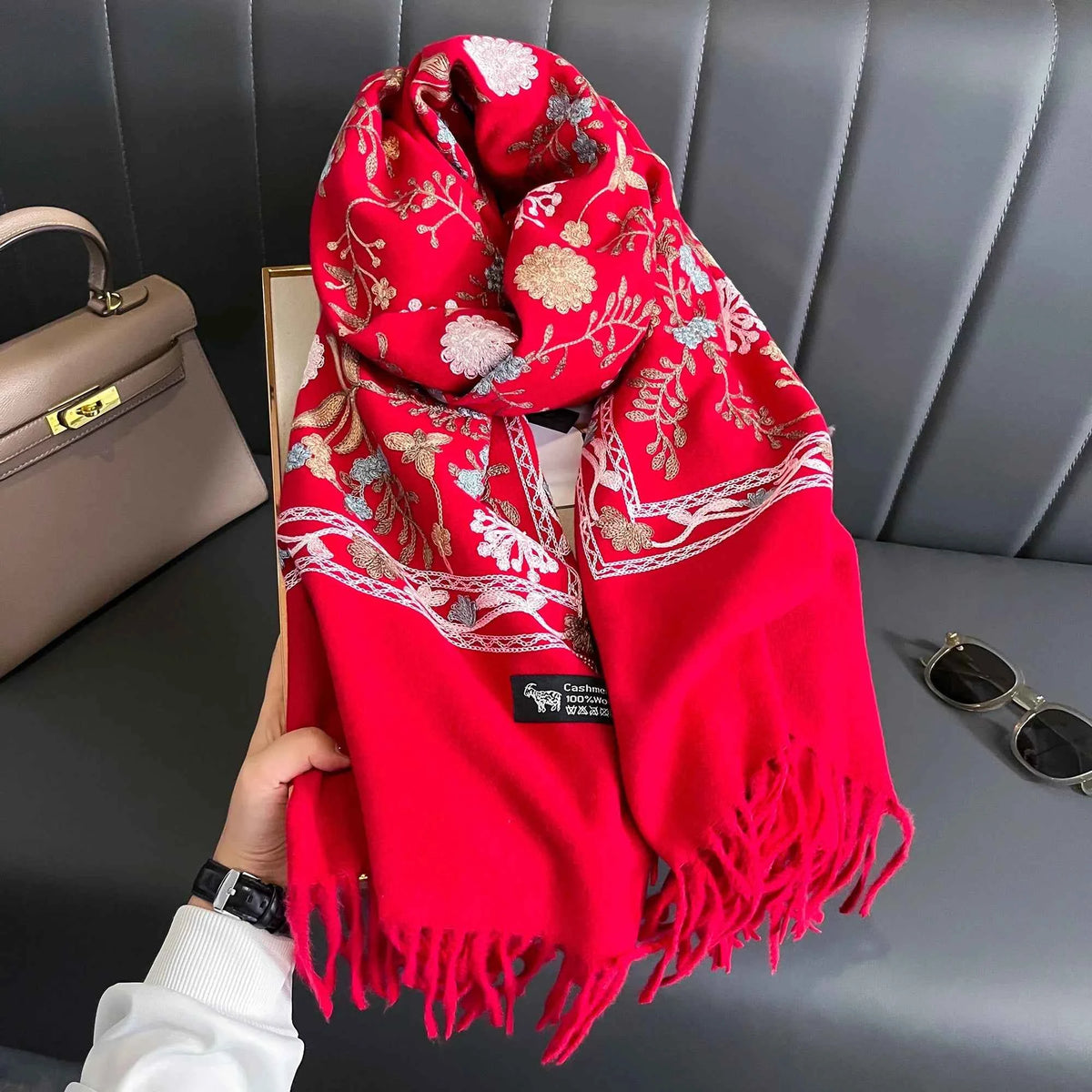 Cashmere Scarf Khaki Winter White Red