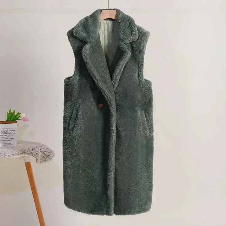 Women's Oversized Sleeveless Teddy Coat with Revere Collar – Mid-Length Style Green