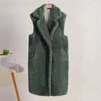 Women's Oversized Sleeveless Teddy Coat with Revere Collar – Mid-Length Style Green