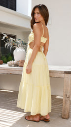 Women's Bohemian Maxi Dress with Spaghetti Straps and Cut-Out Waist Yellow