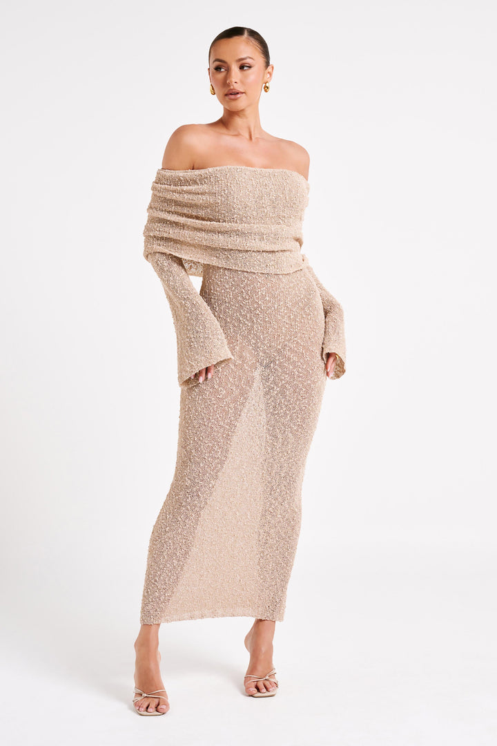Angel | Women's Bouclé Off-Shoulder Maxi Dress Gray