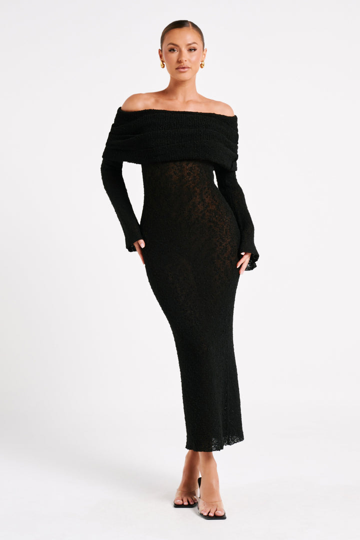 Angel | Women's Bouclé Off-Shoulder Maxi Dress Black