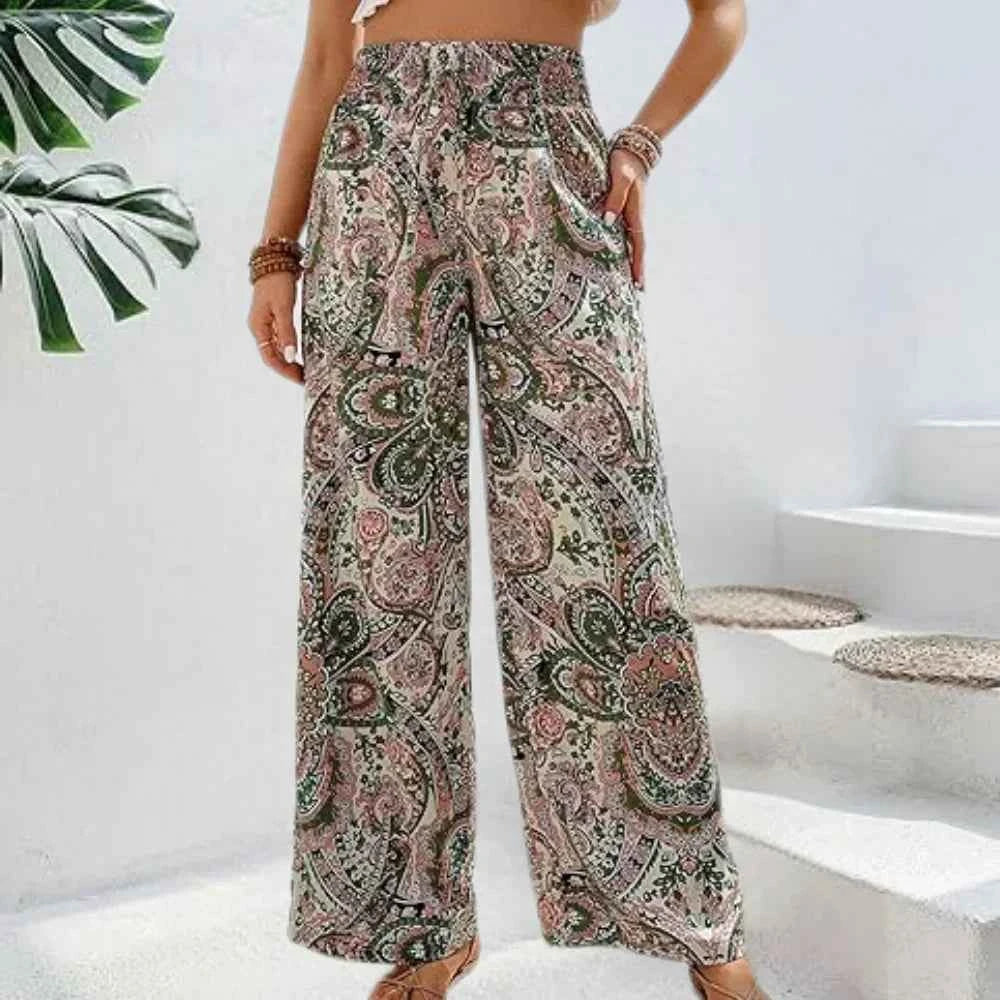 Women's Bohemian Wide-Legged Trousers with Slanted Pockets Pink