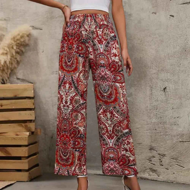 Women's Bohemian Wide-Legged Trousers with Slanted Pockets Red
