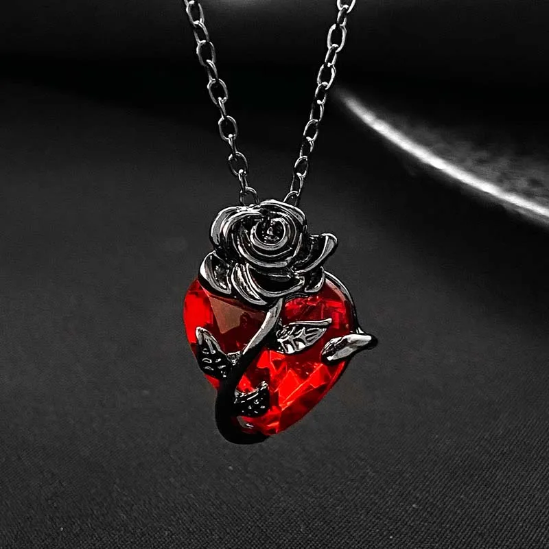Elegant Scarlet Roseheart Pendant Necklace Black
