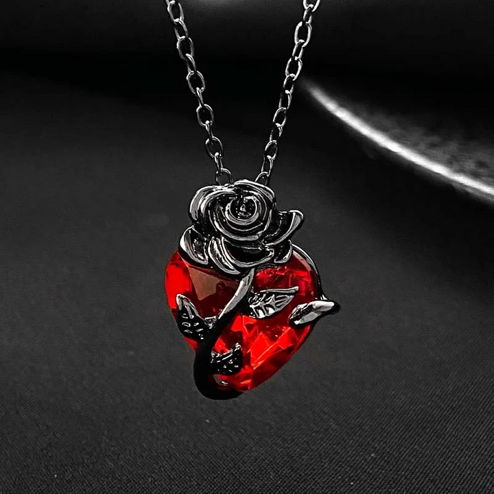 Elegant Scarlet Roseheart Pendant Necklace Black