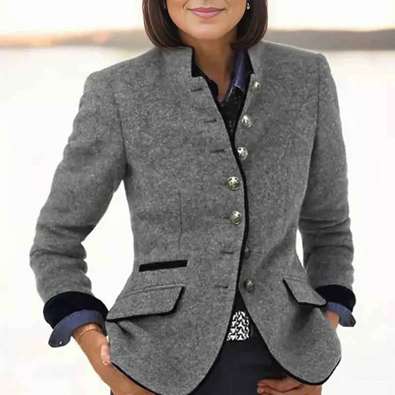 Women's Fitted Blazer – Wool Blend – Stand-Up Collar – Flap Pockets – Velvet Accents Grey