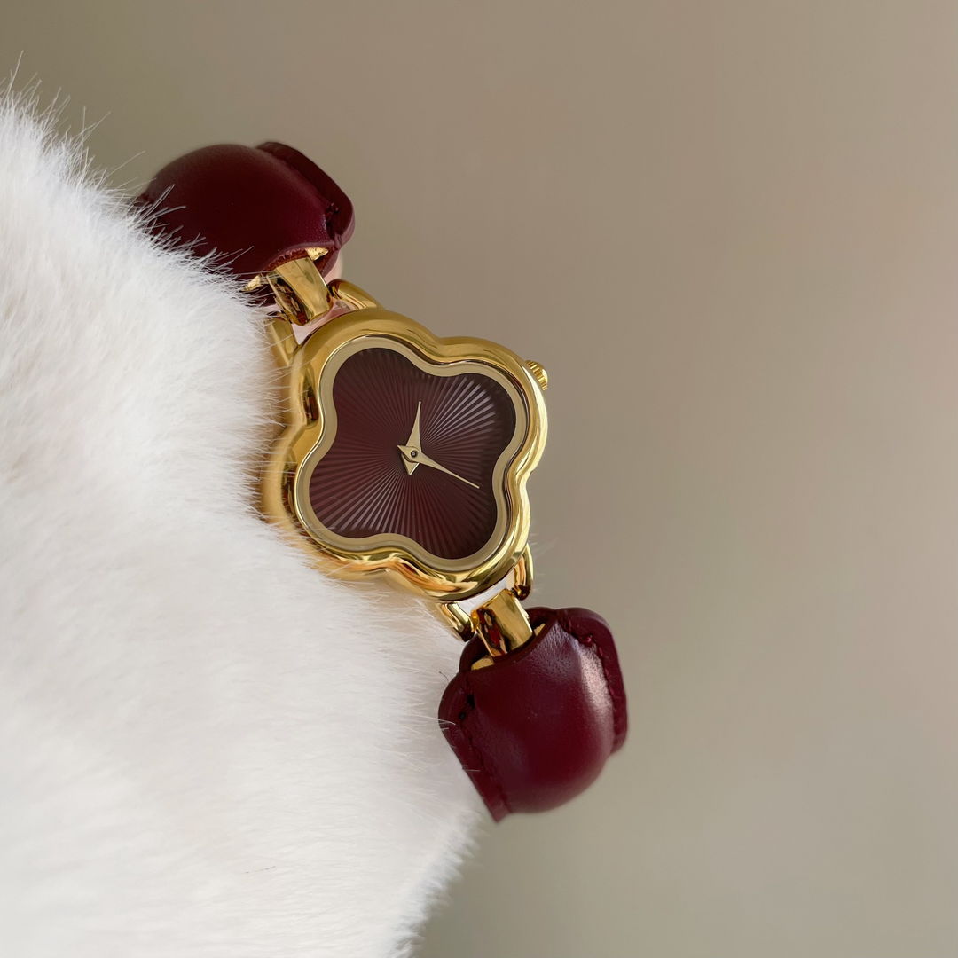 Elegant Clover-Inspired Timepiece Wine Red