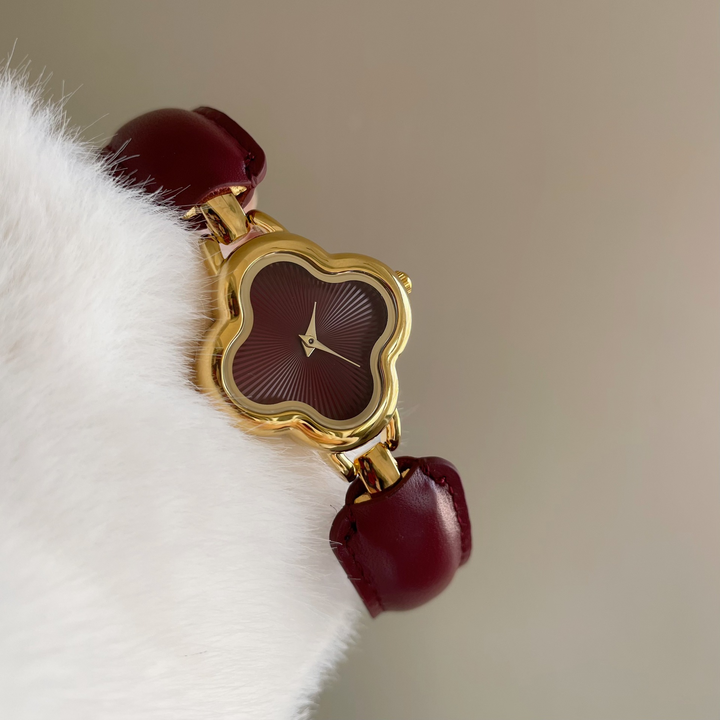 Elegant Clover-Inspired Timepiece Wine Red
