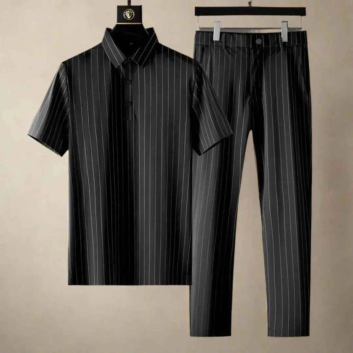 Men's Pinstripe Polo Shirt & Slim Fit Pants Set Striped Onyx