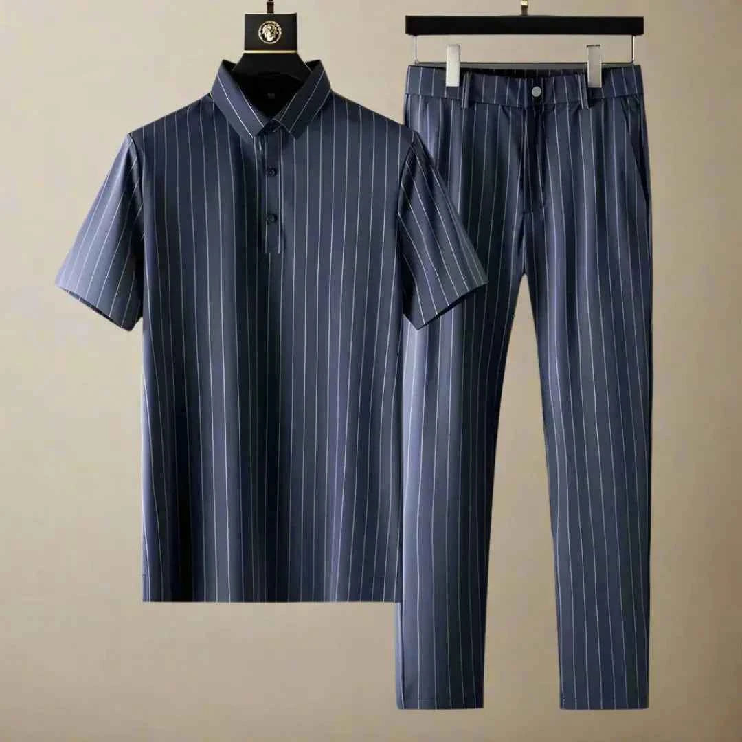 Men's Pinstripe Polo Shirt & Slim Fit Pants Set Striped Sapphire