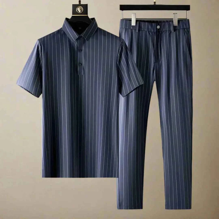 Men's Pinstripe Polo Shirt & Slim Fit Pants Set Striped Sapphire