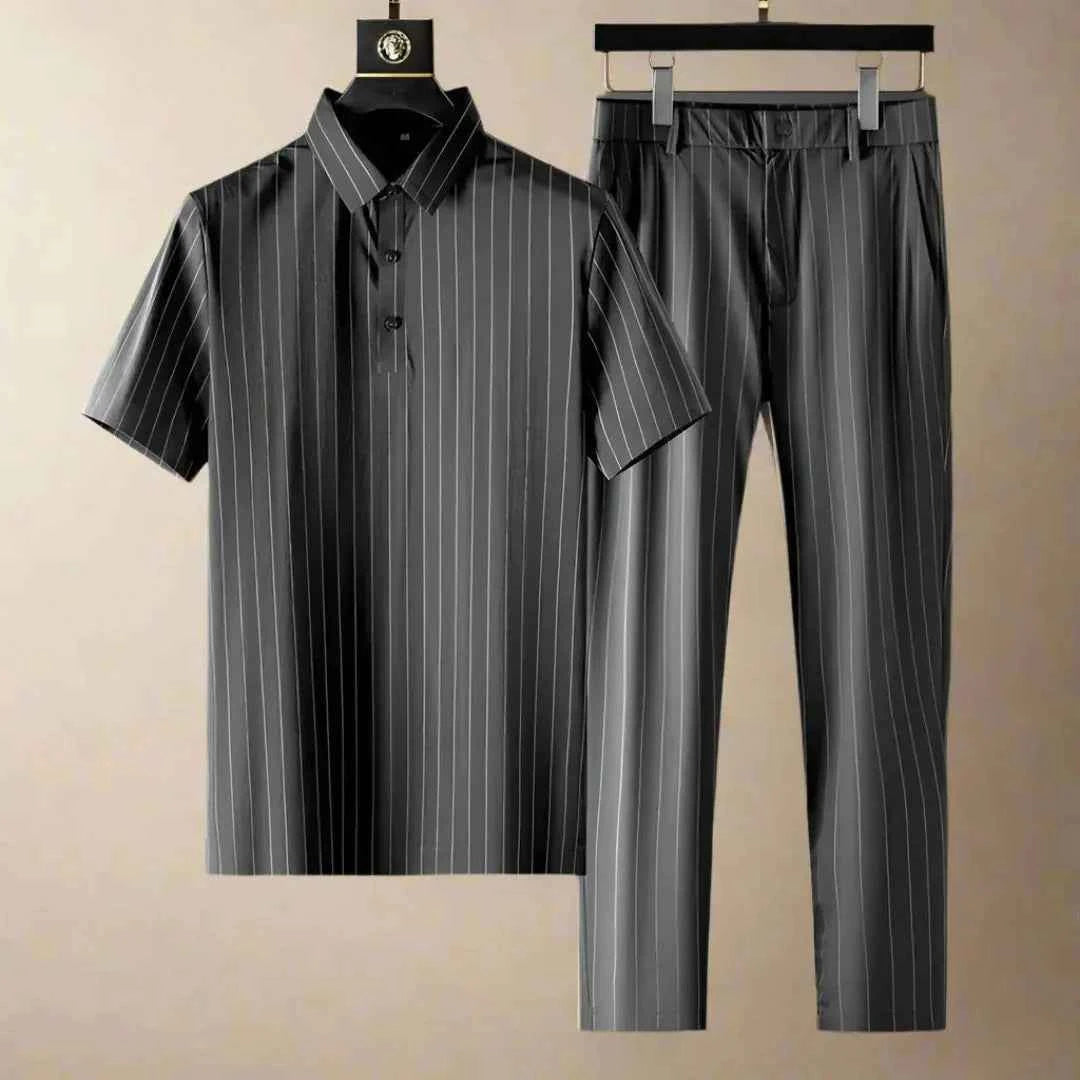 Men's Pinstripe Polo Shirt & Slim Fit Pants Set Striped Slate