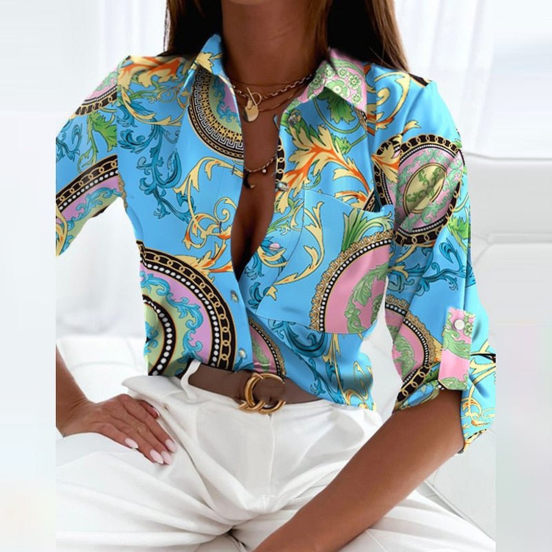 Women's Geometric Print Casual Button-Down Blouse Light Blue