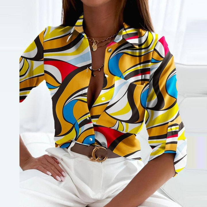 Women's Geometric Print Casual Button-Down Blouse Yellow