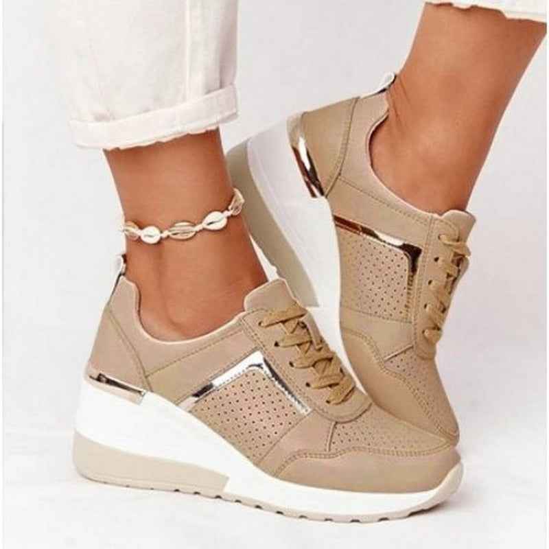Women's Casual Lace-Up Wedge Sneakers with Shiny Details | Stylish Footwear Beige